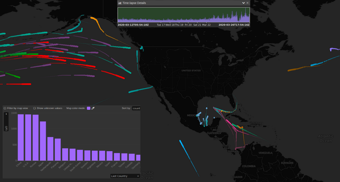 One week of historical AIS for US-bound vessels colored by country of last port visit